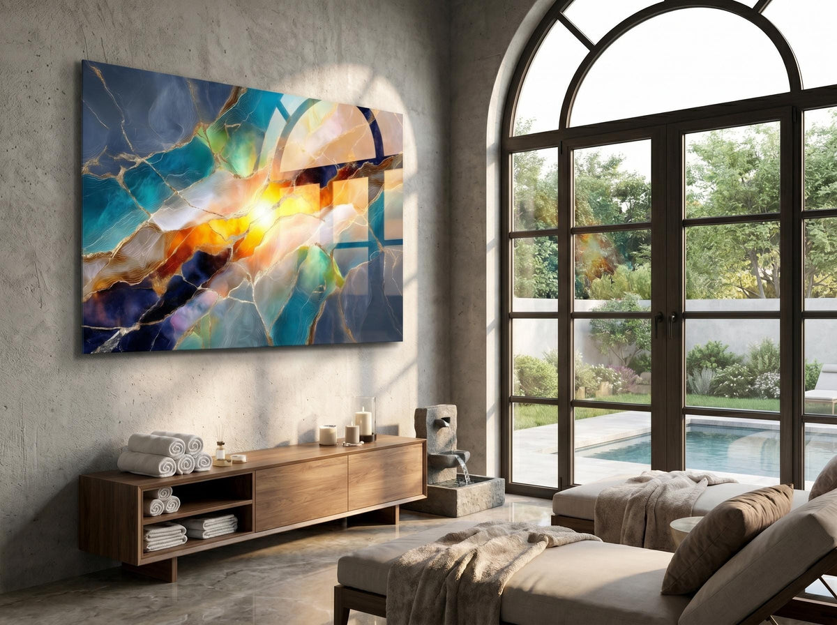 Solar Teal Meridian – Luminous Gold Mineral Wall Art on Crystal Acrylic Glass