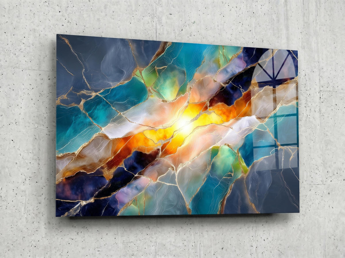 Solar Teal Meridian – Luminous Gold Mineral Wall Art on Crystal Acrylic Glass