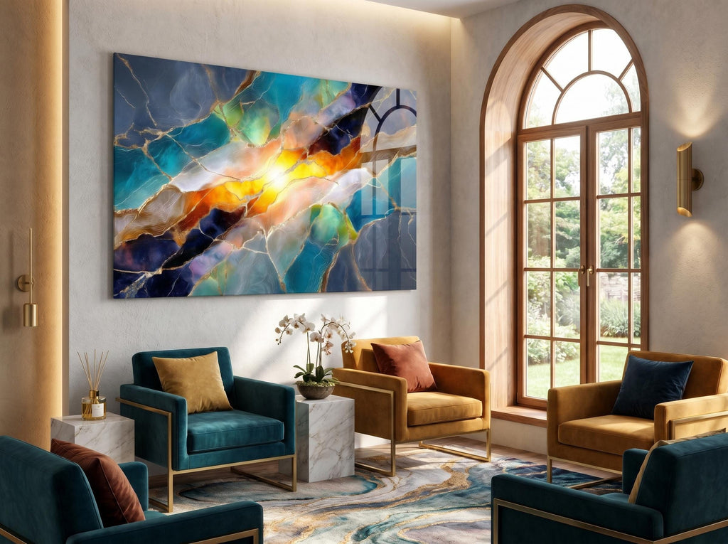 Solar Teal Meridian – Luminous Gold Mineral Wall Art on Crystal Acrylic Glass