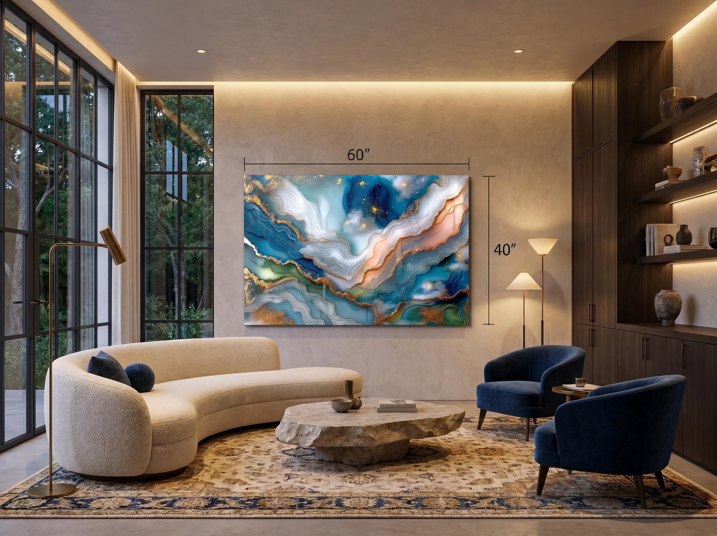 Aqua Aurora Geode Landscape Art: Blue & Gold Acrylic Glass Wall Decor