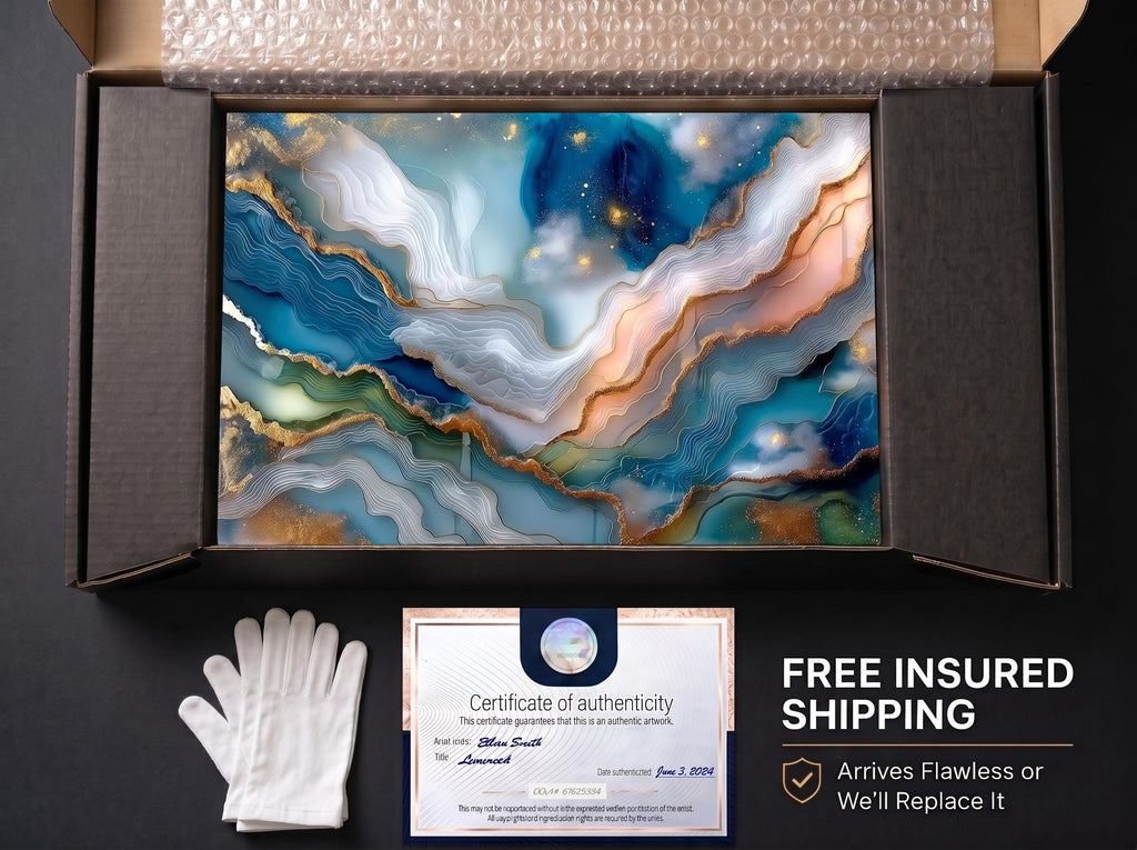 Aqua Aurora Geode Landscape Art: Blue & Gold Acrylic Glass Wall Decor