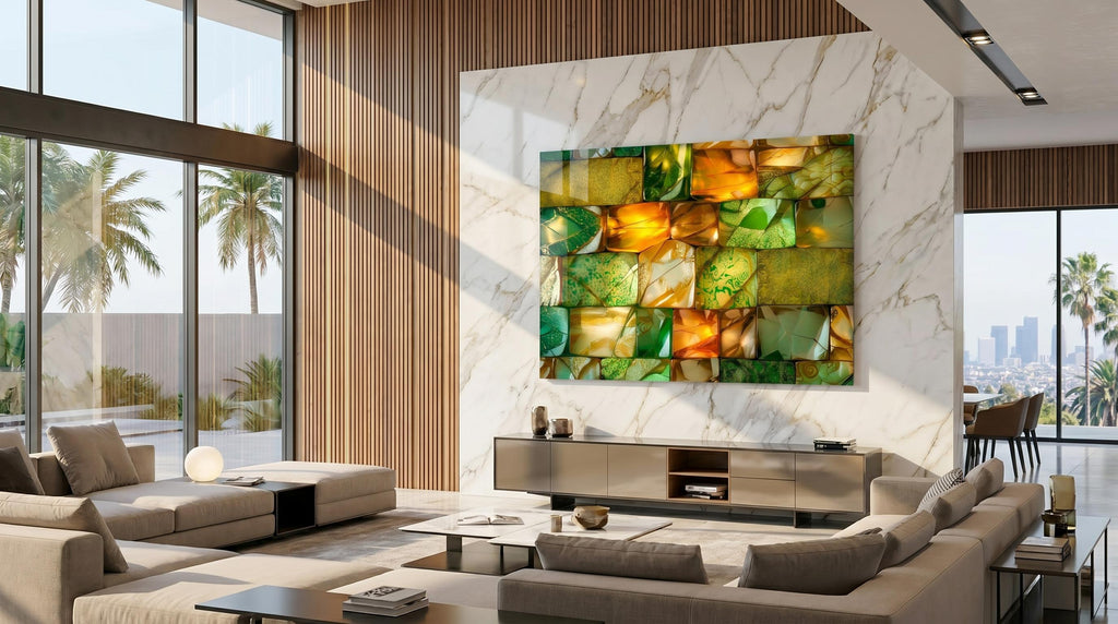 Verdant Ember Mosaic Crystal AcrylGlass Wall Art: Emerald Gold Luxe Panel Decor