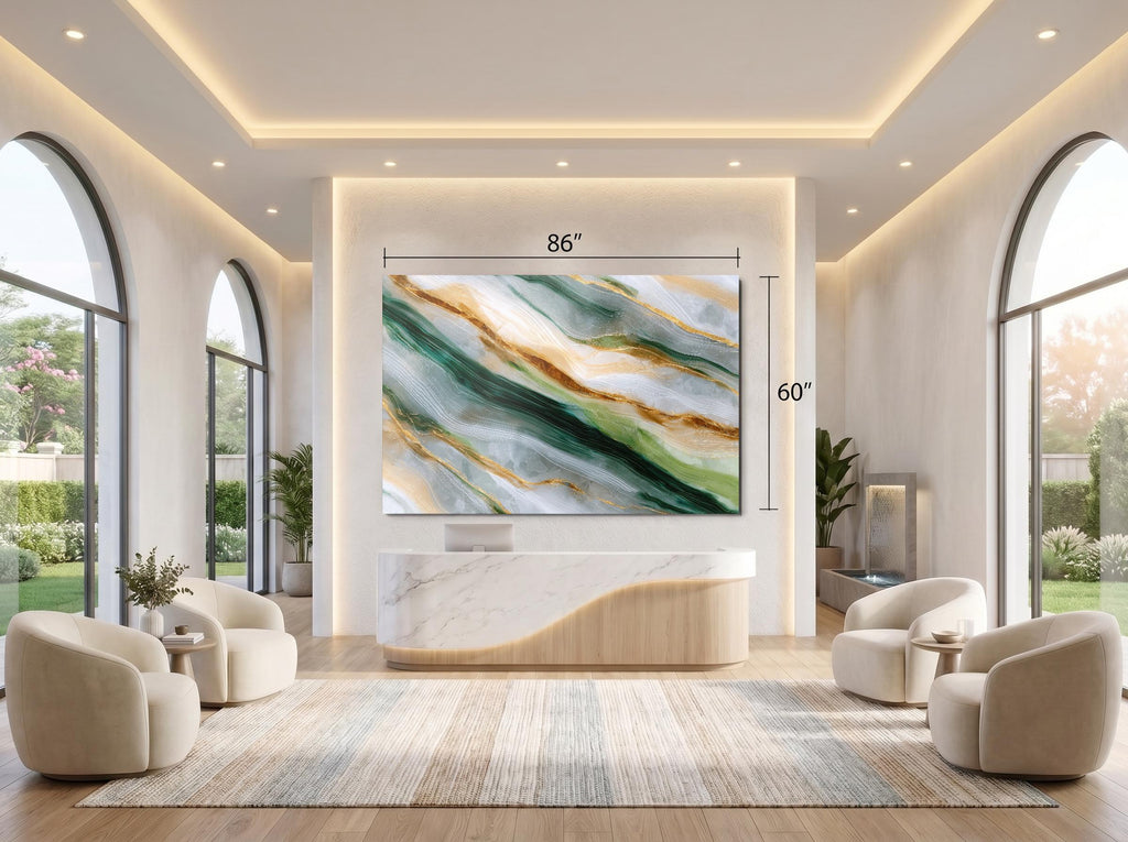 Emerald Vein Crystal Acrylic Wall Art, Green Gold Statement Piece for Med Spa Office