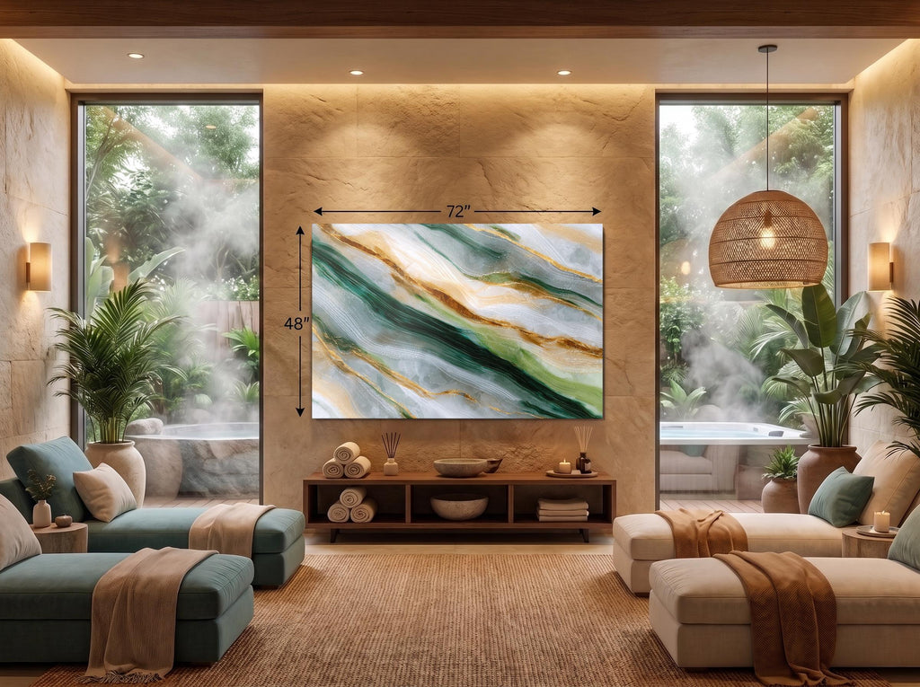 Emerald Vein Crystal Acrylic Wall Art, Green Gold Statement Piece for Med Spa Office