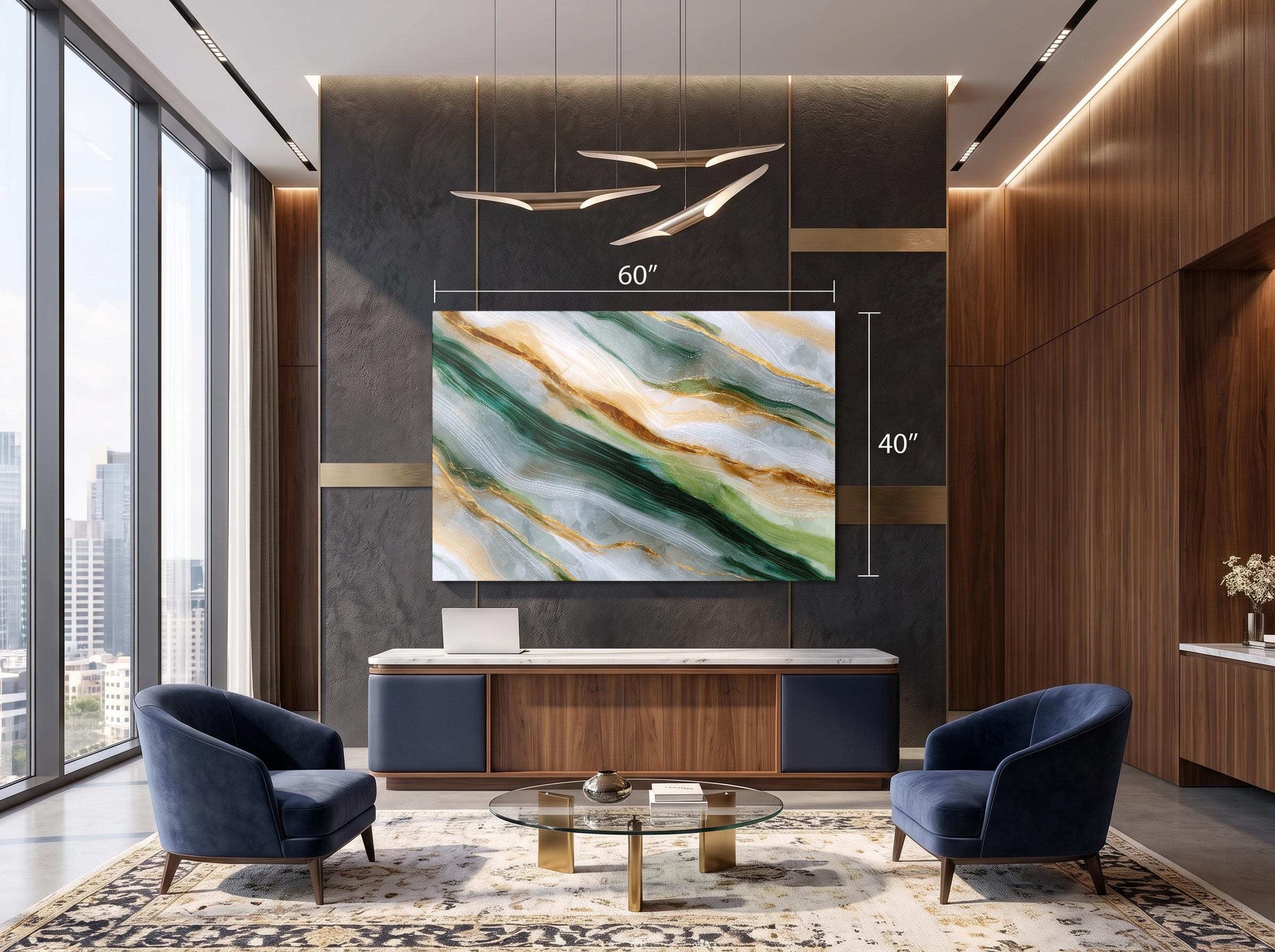 Emerald Vein Crystal Acrylic Wall Art, Green Gold Statement Piece for Med Spa Office