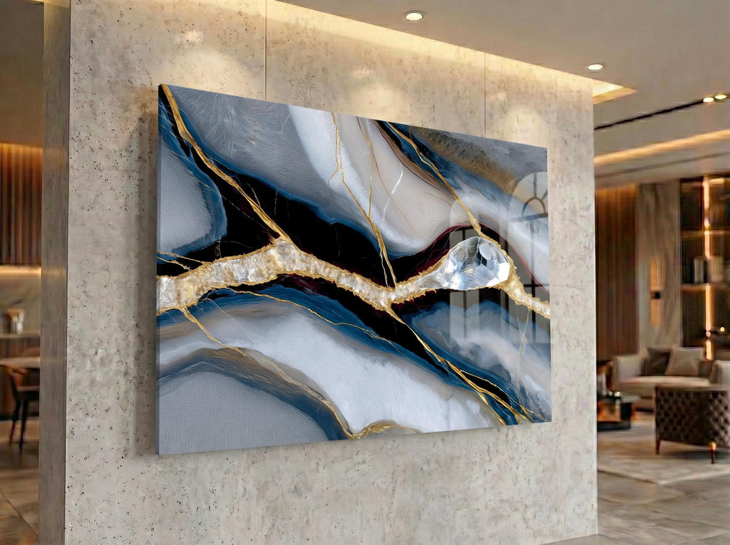 Noir Azure Vein Acrylic Glass Wall Art, Blue Gold Abstract Luxury Office Wall Decor