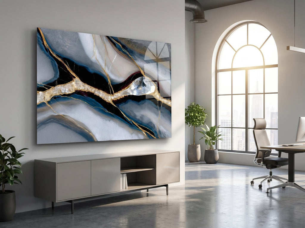 Noir Azure Vein Acrylic Glass Wall Art, Blue Gold Abstract Luxury Office Wall Decor