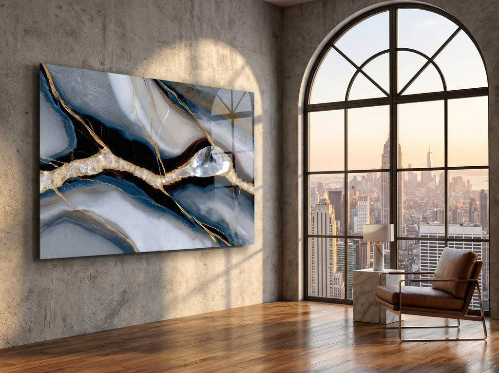 Noir Azure Vein Acrylic Glass Wall Art, Blue Gold Abstract Luxury Office Wall Decor