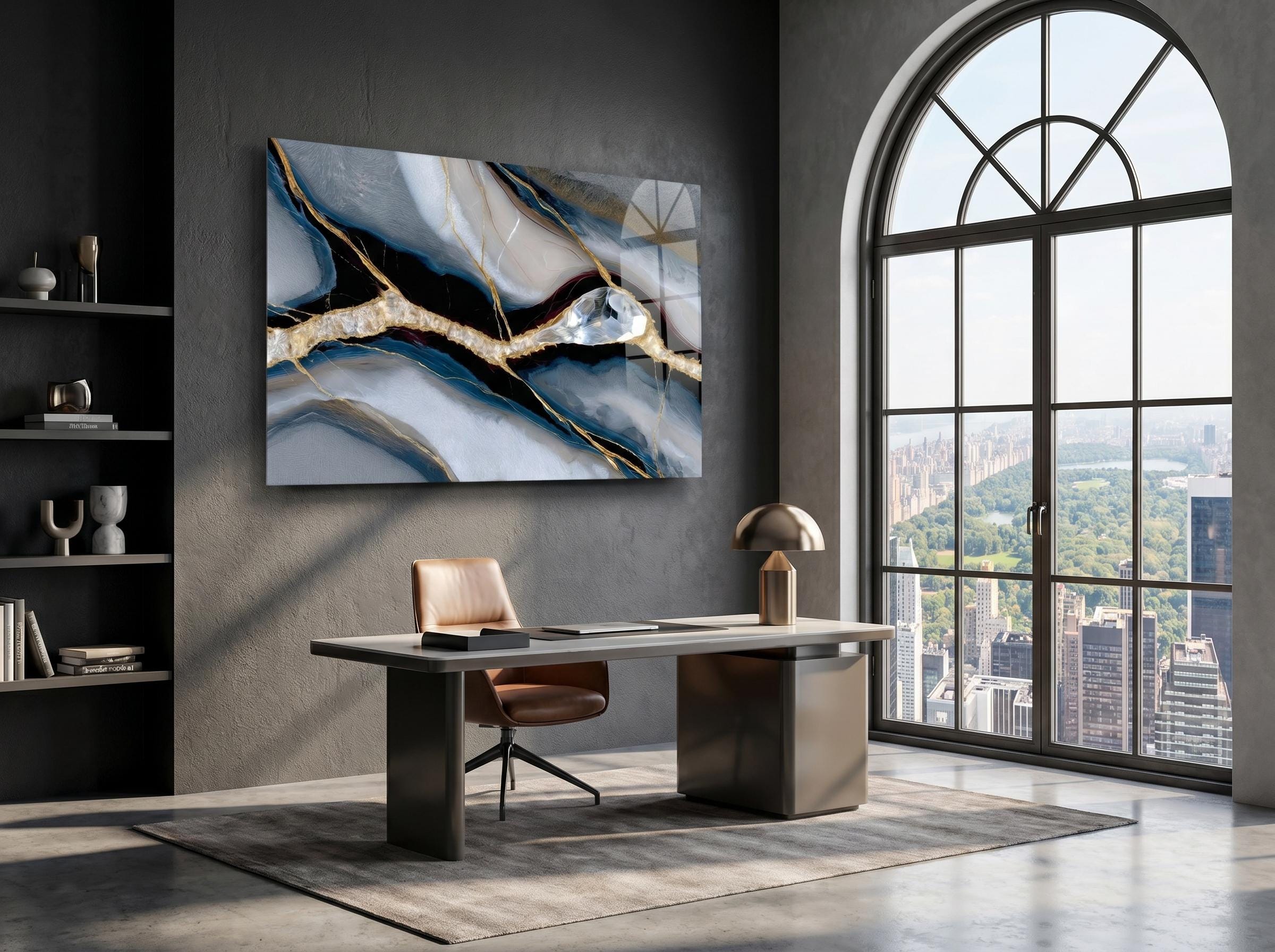 Noir Azure Vein Acrylic Glass Wall Art, Blue Gold Abstract Luxury Office Wall Decor