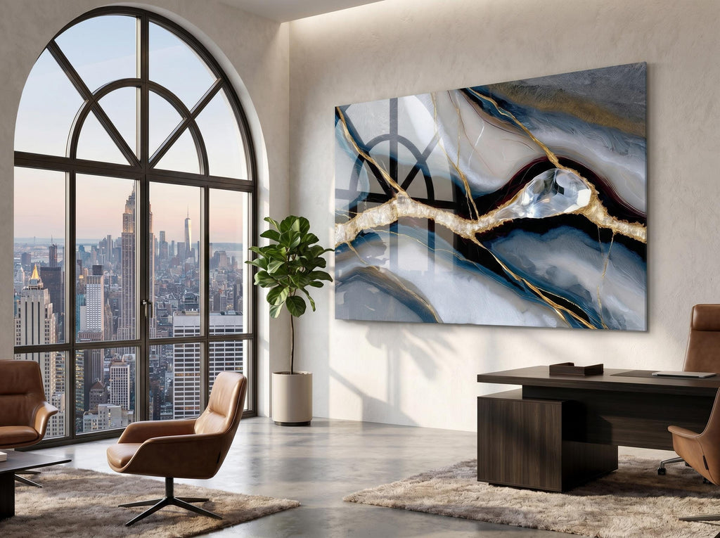 Noir Azure Vein Acrylic Glass Wall Art, Blue Gold Abstract Luxury Office Wall Decor