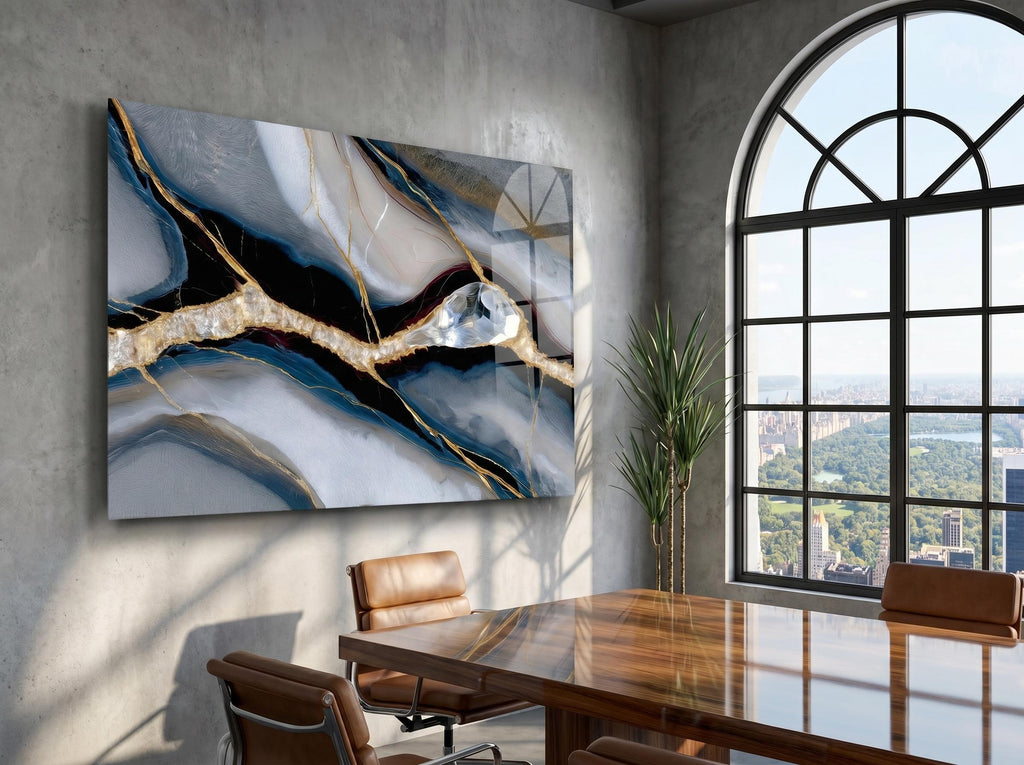 Noir Azure Vein Acrylic Glass Wall Art, Blue Gold Abstract Luxury Office Wall Decor