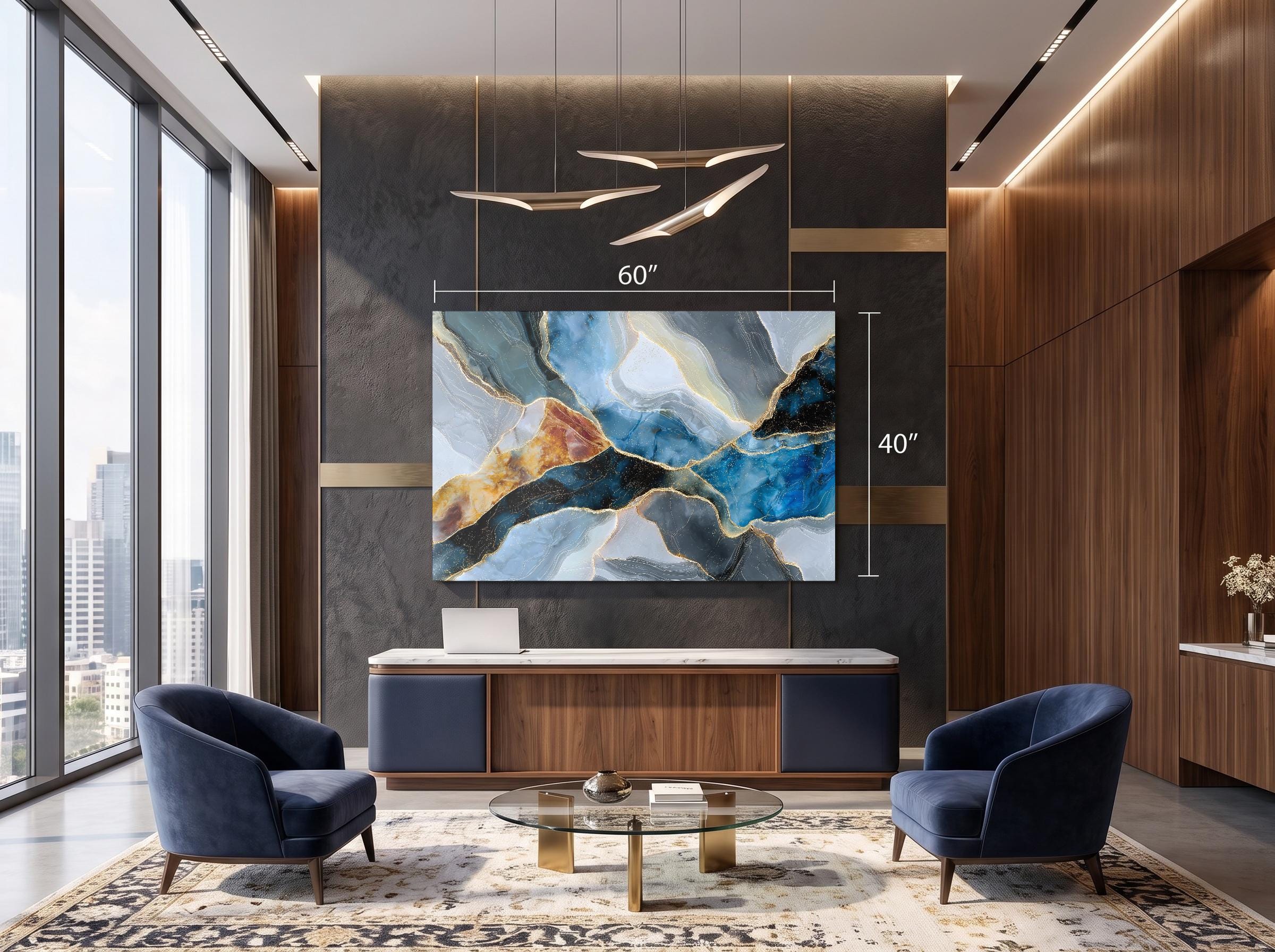 Cobalt Emberline Blue Gold Mineral Abstract Crystal AcrylGlass Wall Art, Modern Luxury Artwork