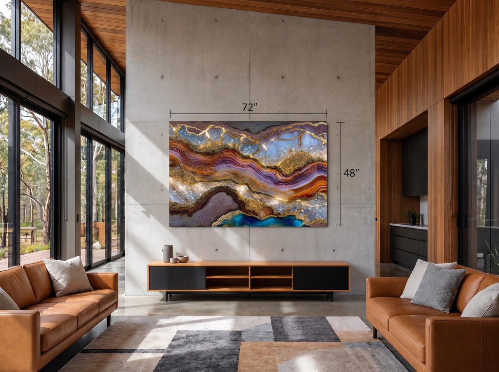 Aurean Strata Crystal Acrylic Wall Art, Amber Gold Mineral Artwork, Luxury Living Room Decor
