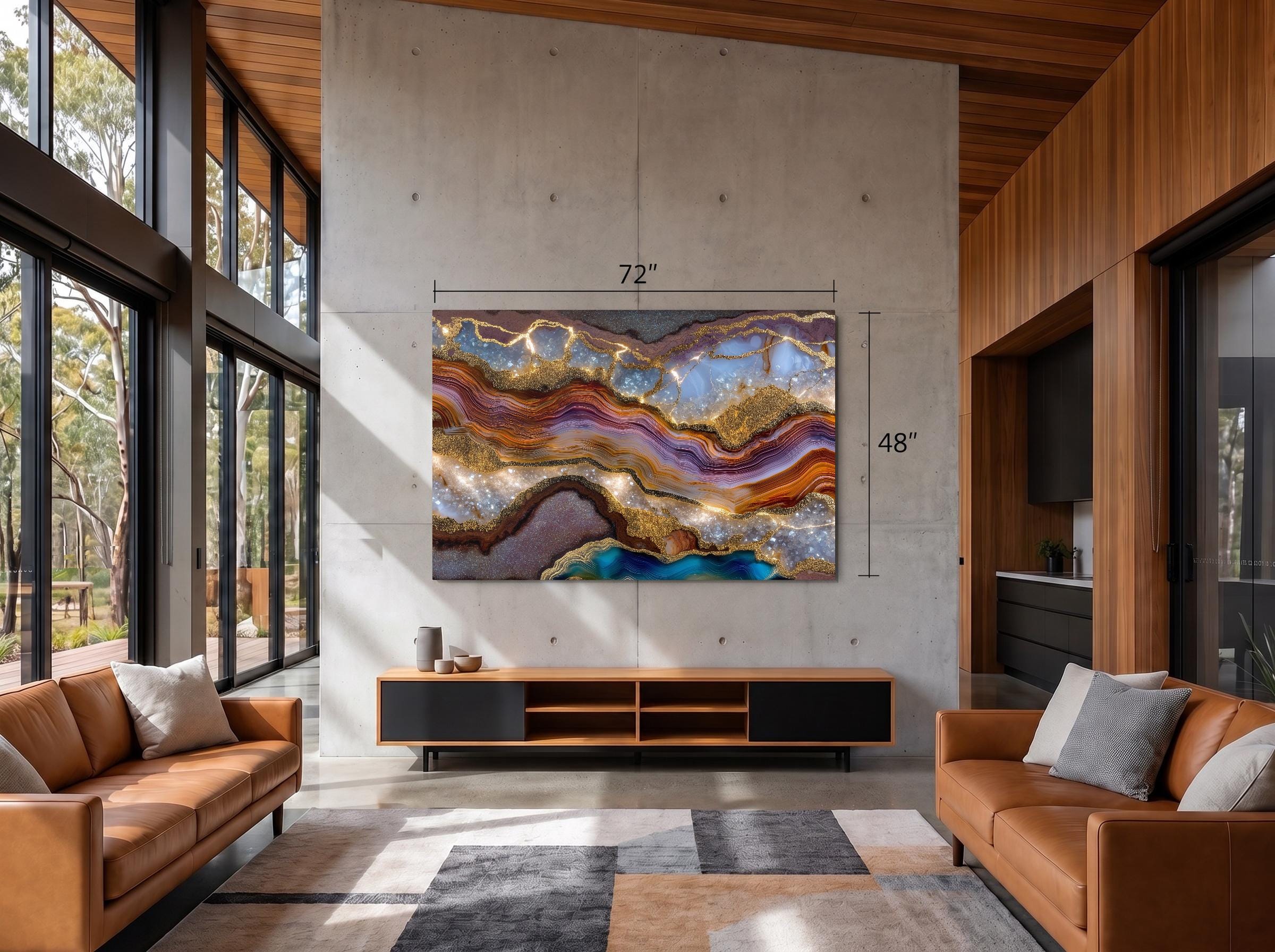 Aurean Strata Crystal Acrylic Wall Art, Amber Gold Mineral Artwork, Luxury Living Room Decor