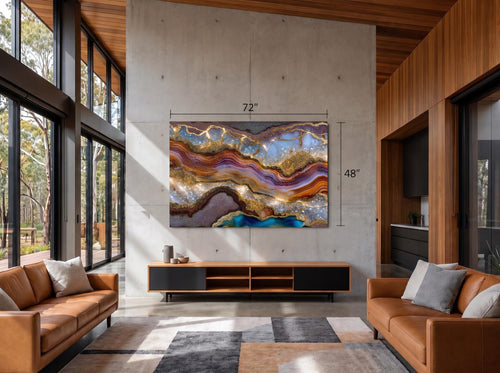 Aurean Strata Crystal Acrylic Wall Art, Amber Gold Mineral Artwork, Luxury Living Room Decor