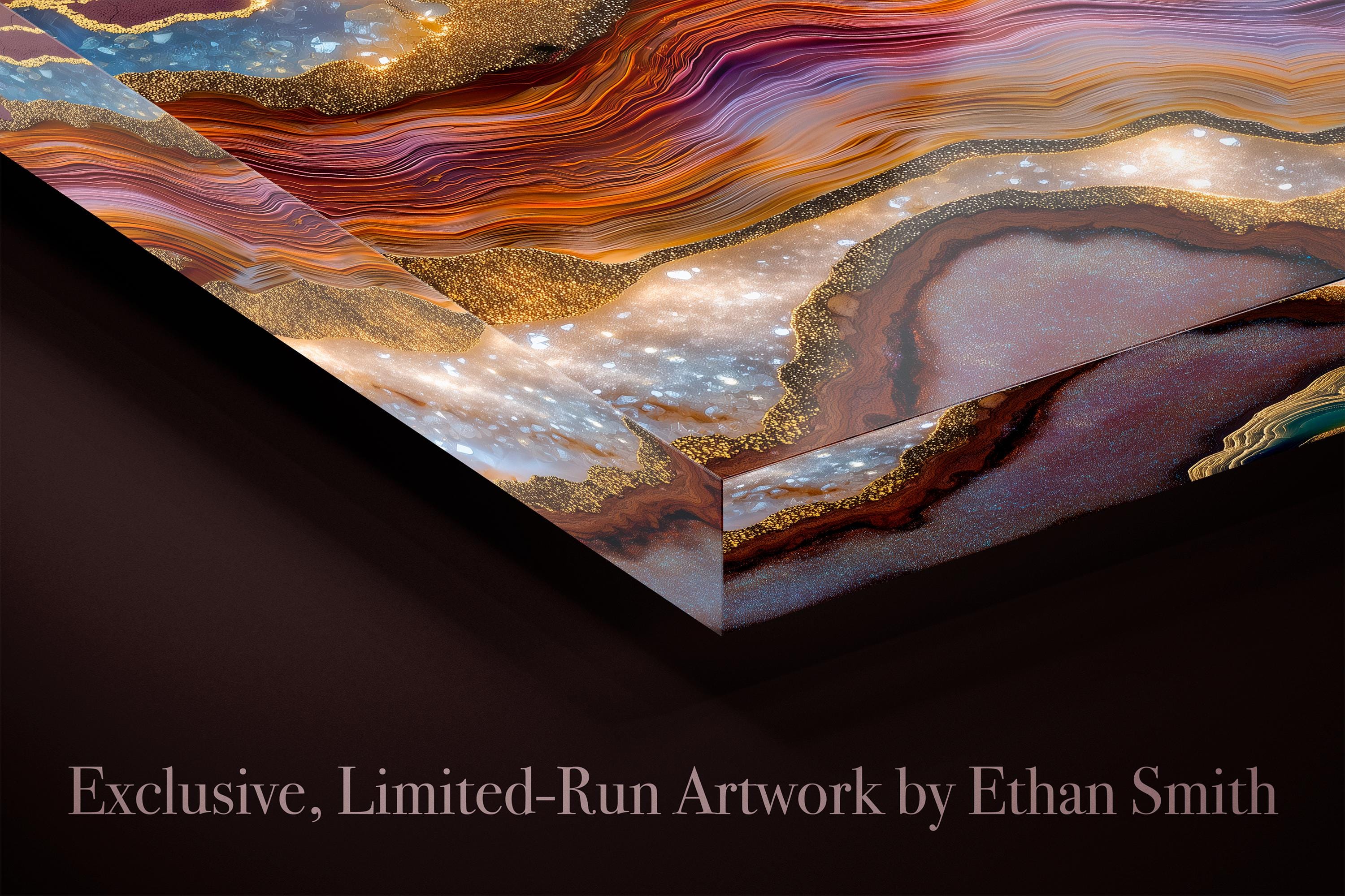 Aurean Strata Crystal Acrylic Wall Art, Amber Gold Mineral Artwork, Luxury Living Room Decor