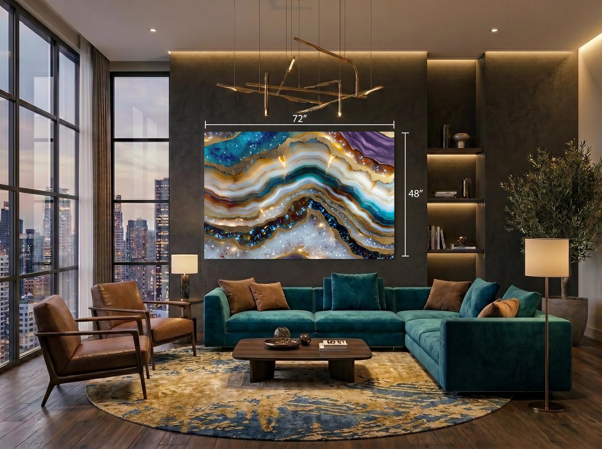 Aurean Strata Crystal Acrylic Wall Art, Amber Gold Mineral Artwork, Luxury Living Room Decor