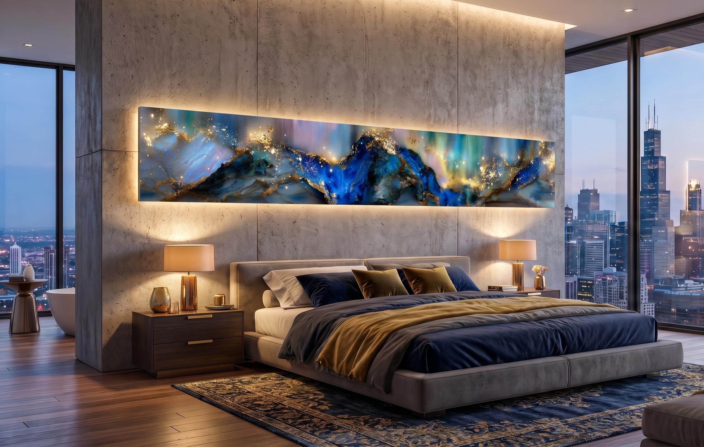 Azure Gilded Horizon Crystal AcrylGlass Wall Art, Panoramic Abstract Decor