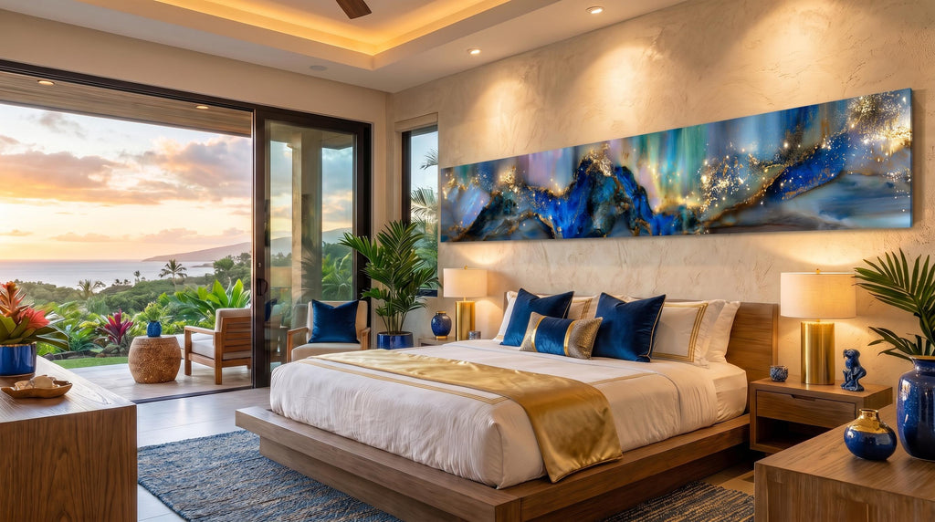 Azure Gilded Horizon Crystal AcrylGlass Wall Art, Panoramic Abstract Decor