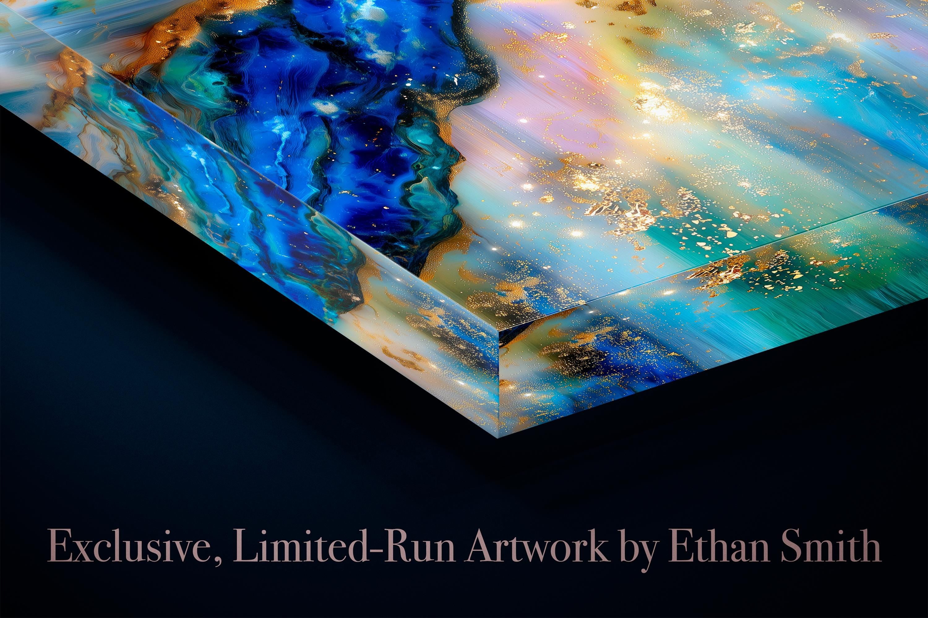 Azure Gilded Horizon Crystal AcrylGlass Wall Art, Panoramic Abstract Decor