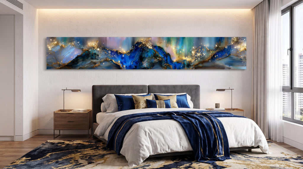 Azure Gilded Horizon Crystal AcrylGlass Wall Art, Panoramic Abstract Decor