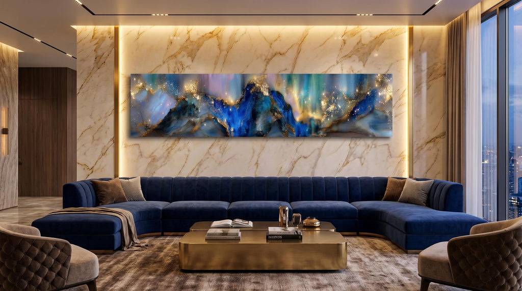 Azure Gilded Horizon Crystal AcrylGlass Wall Art, Panoramic Abstract Decor