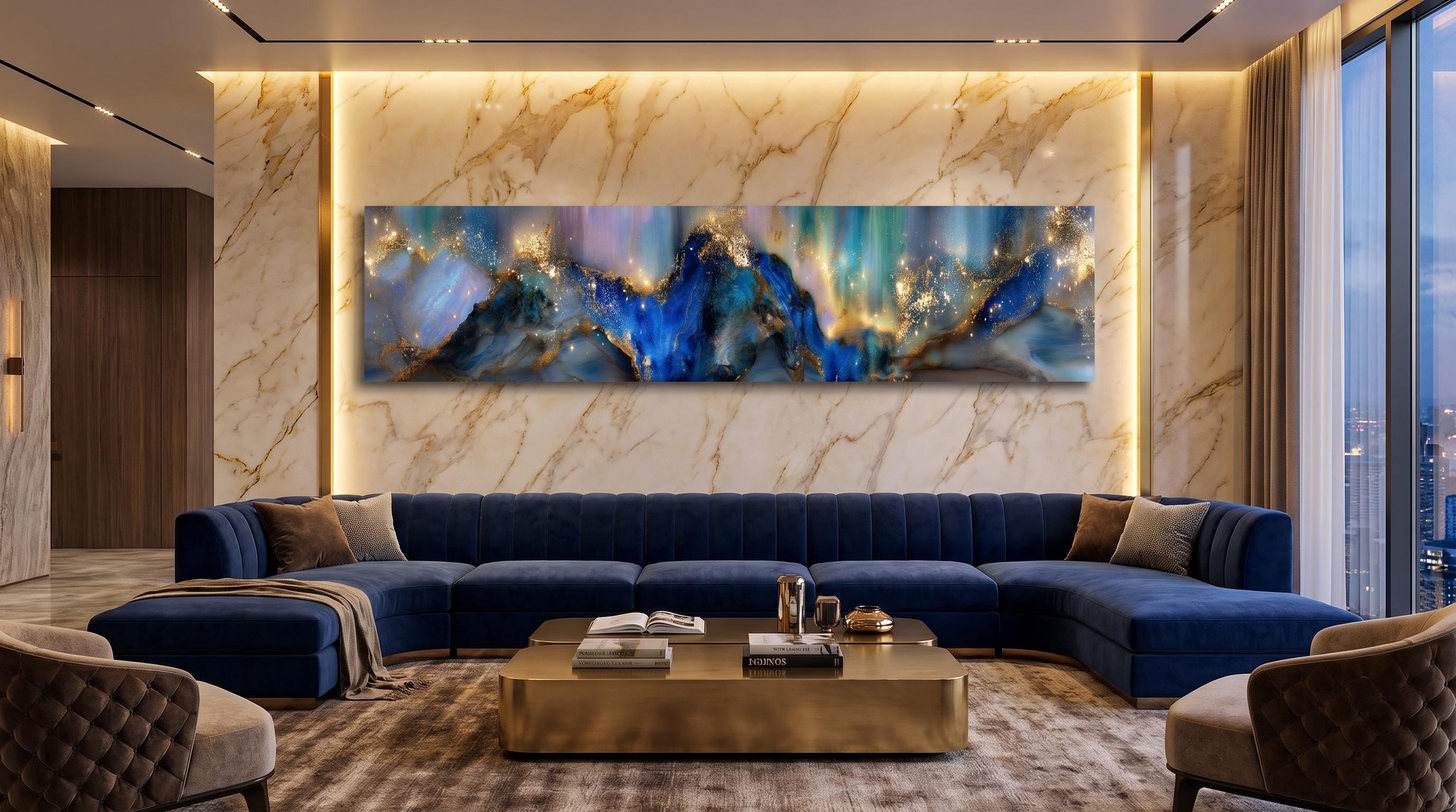 Azure Gilded Horizon Crystal AcrylGlass Wall Art, Panoramic Abstract Decor