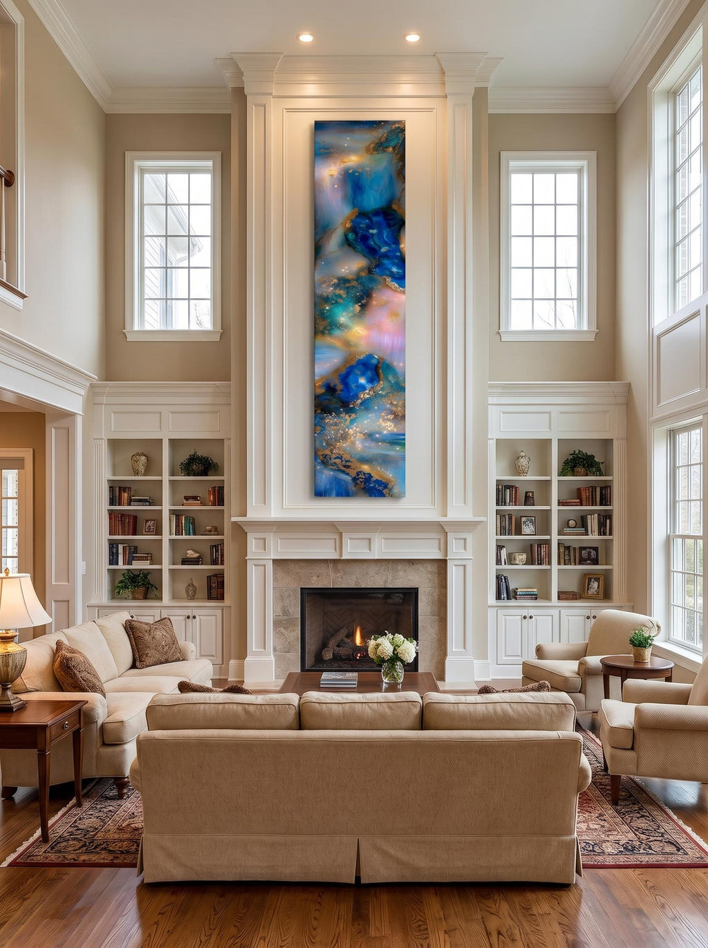Opaline Skyfall AcrylGlass Wall Art, Vertical Blue Gold Abstract Luxe Panel
