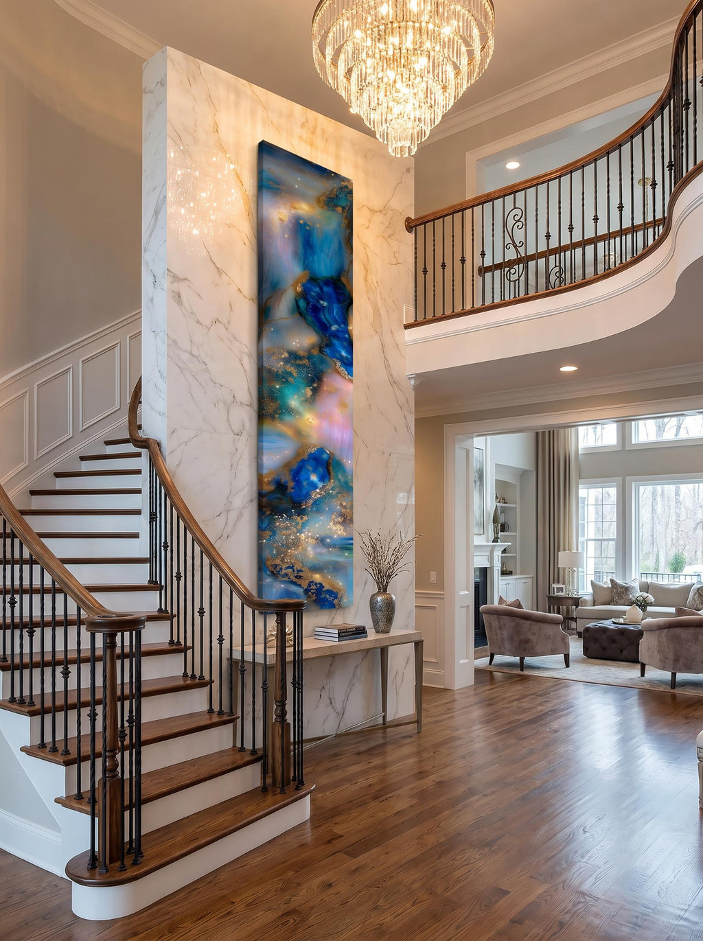 Opaline Skyfall AcrylGlass Wall Art, Vertical Blue Gold Abstract Luxe Panel