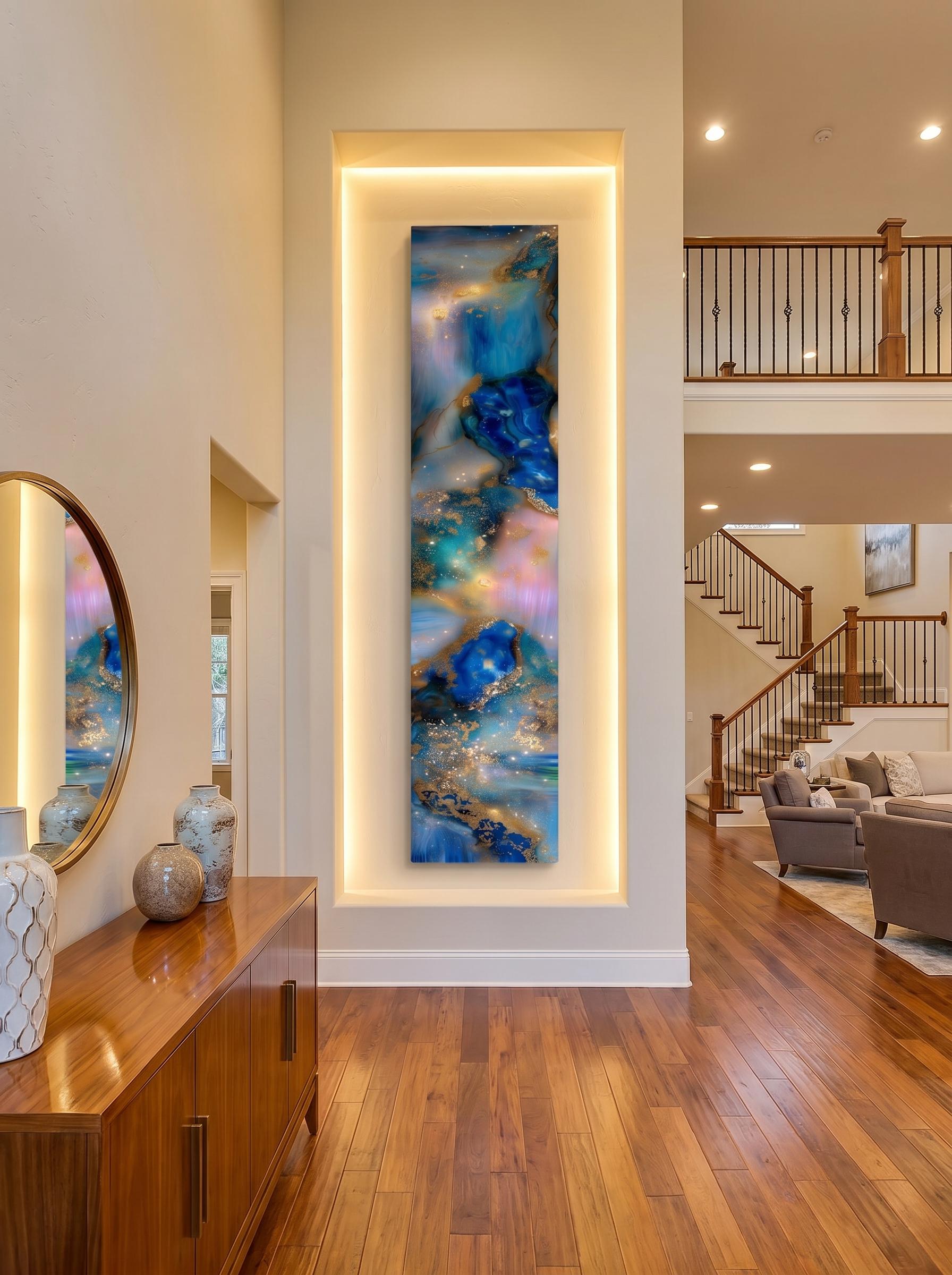 Opaline Skyfall AcrylGlass Wall Art, Vertical Blue Gold Abstract Luxe Panel