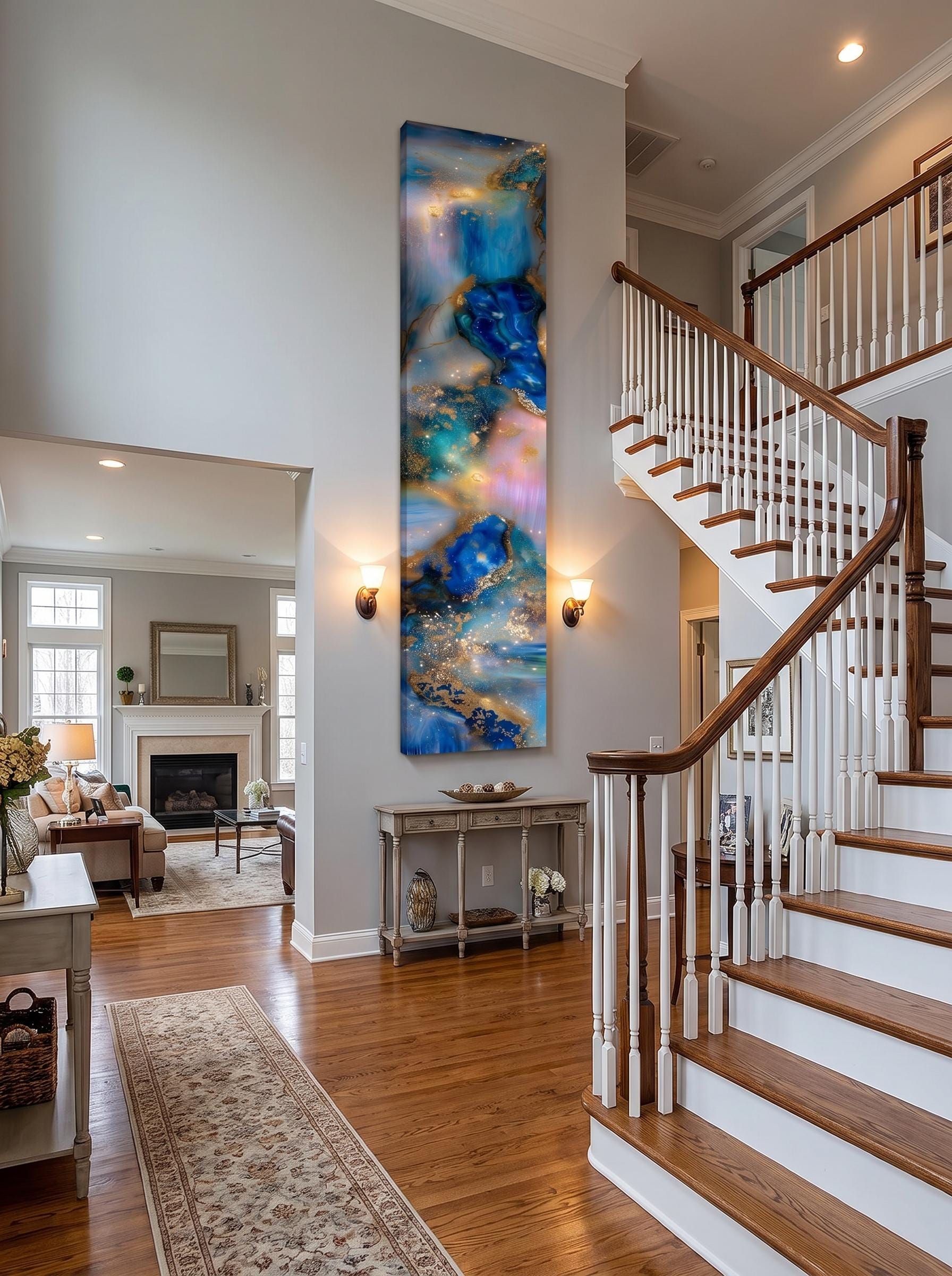 Opaline Skyfall AcrylGlass Wall Art, Vertical Blue Gold Abstract Luxe Panel