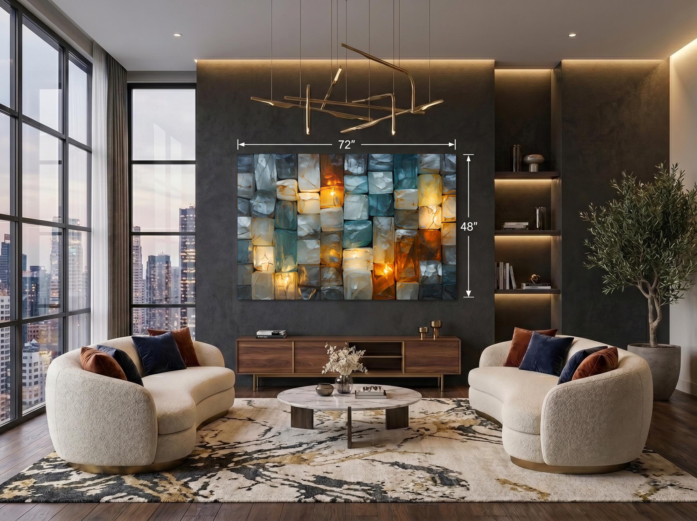 Ethereal Glow Acrylic Glass Wall Art: Teal Turquoise Amber Mosaic