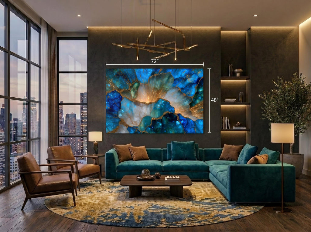 Elysian Bloom – Blue Gold Floral Crystal Acrylic Wall Art for Luxury Living Room