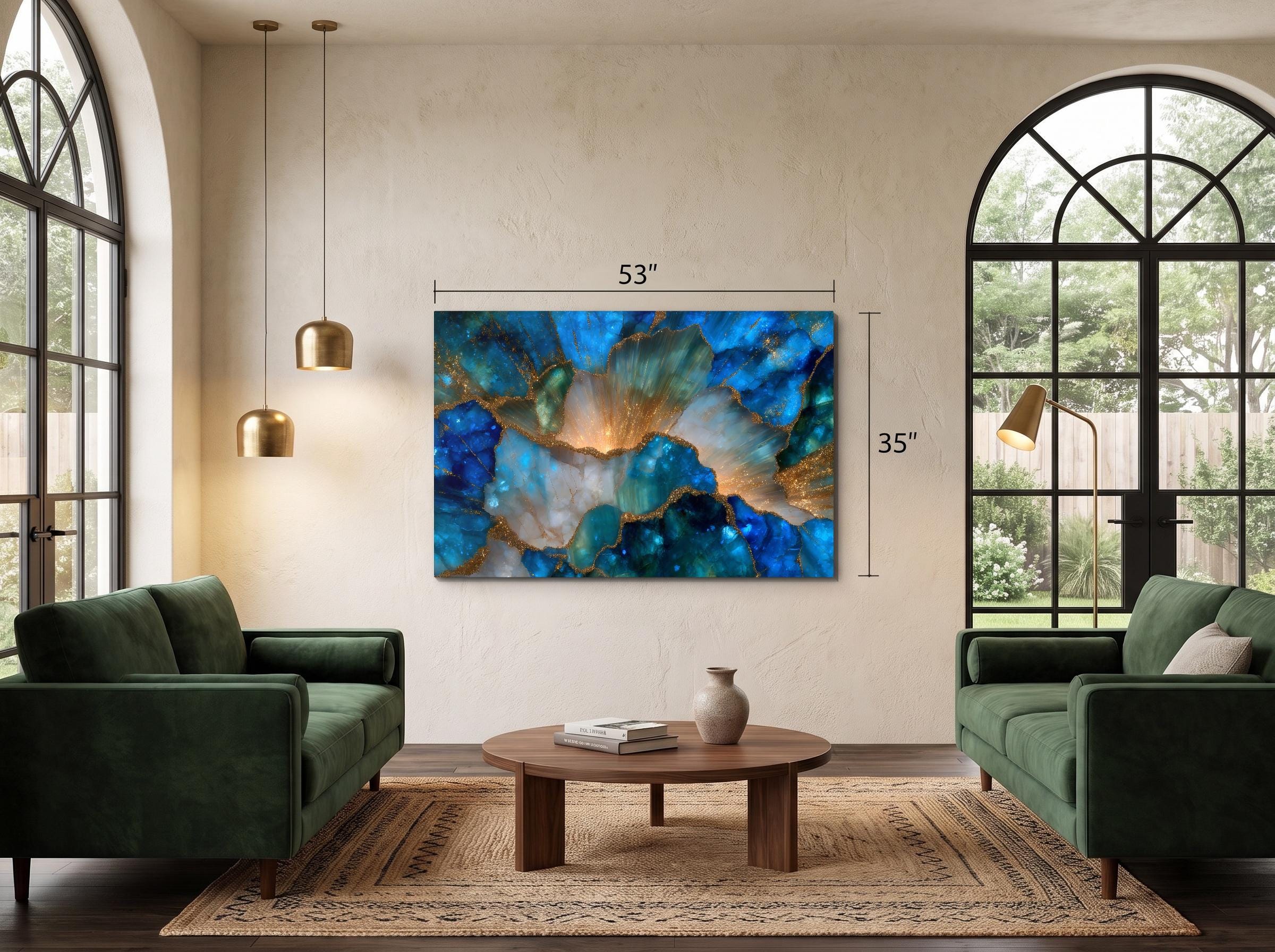 Elysian Bloom – Blue Gold Floral Crystal Acrylic Wall Art for Luxury Living Room