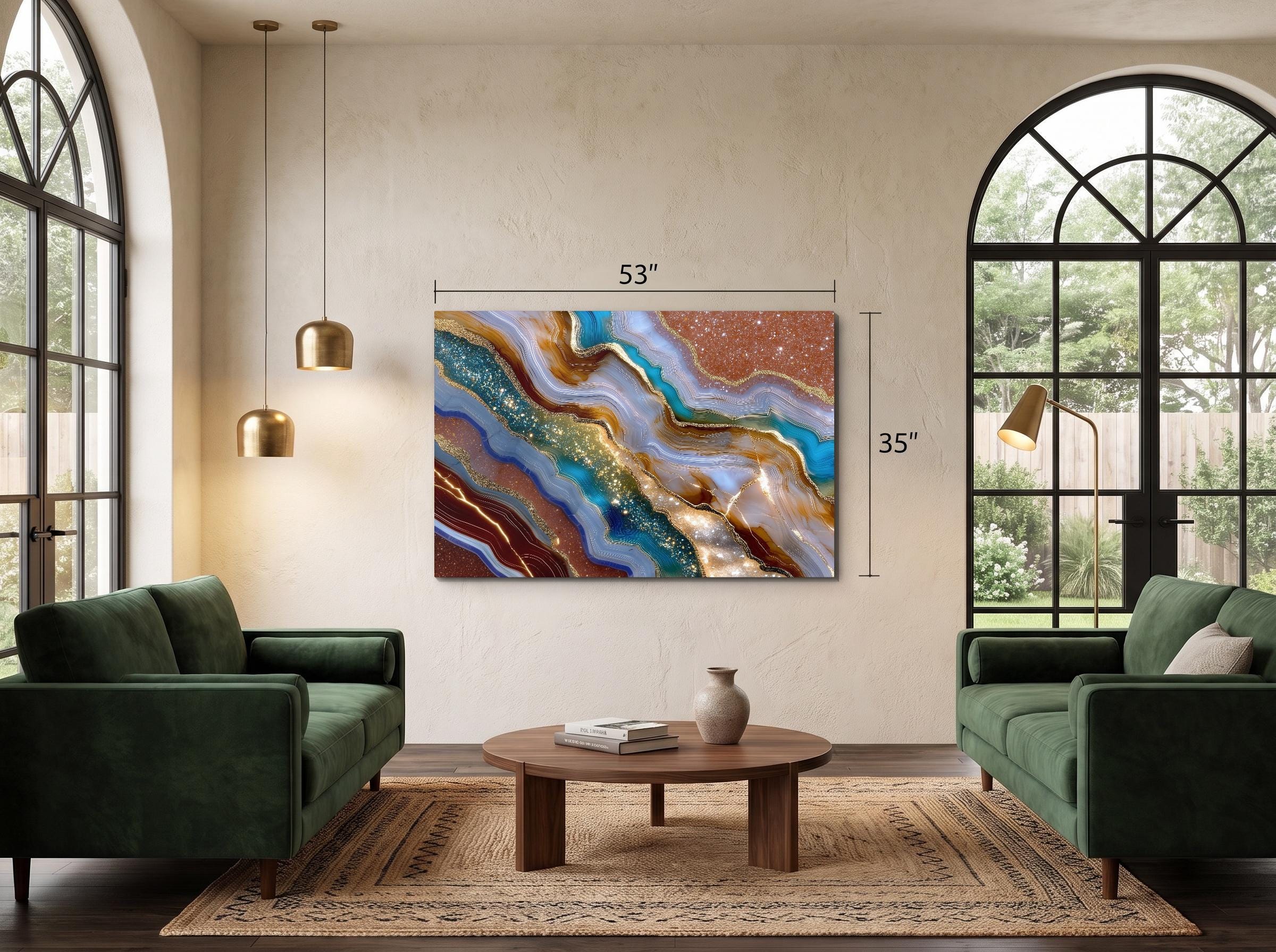 Celestial Druzy Crystal AcrylGlass Wall Art: Luminous Blue & Bronze Stone Statement Art