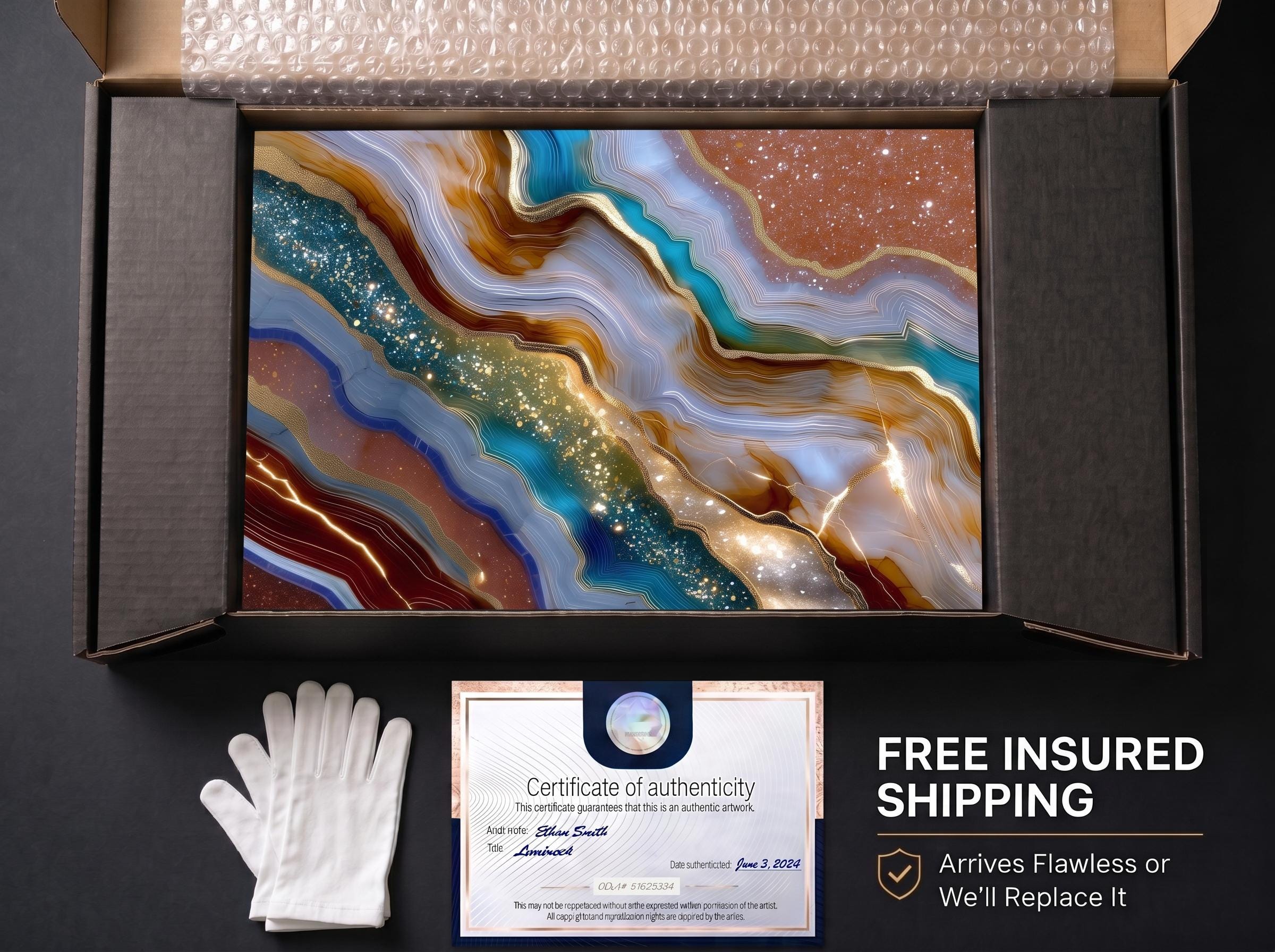 Celestial Druzy Crystal AcrylGlass Wall Art: Luminous Blue & Bronze Stone Statement Art