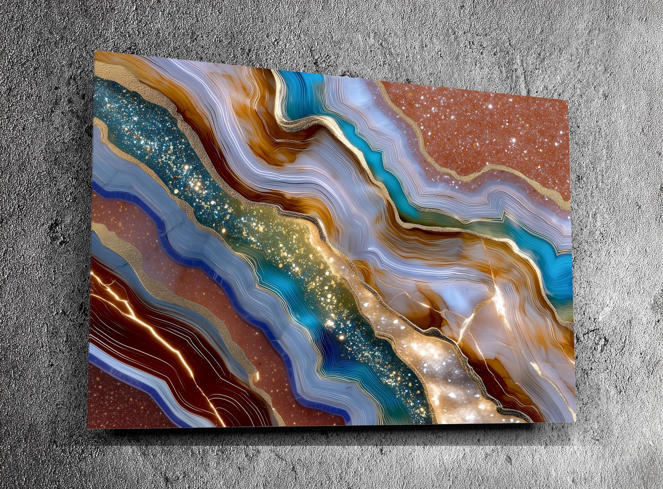 Celestial Druzy Crystal AcrylGlass Wall Art: Luminous Blue & Bronze Stone Statement Art