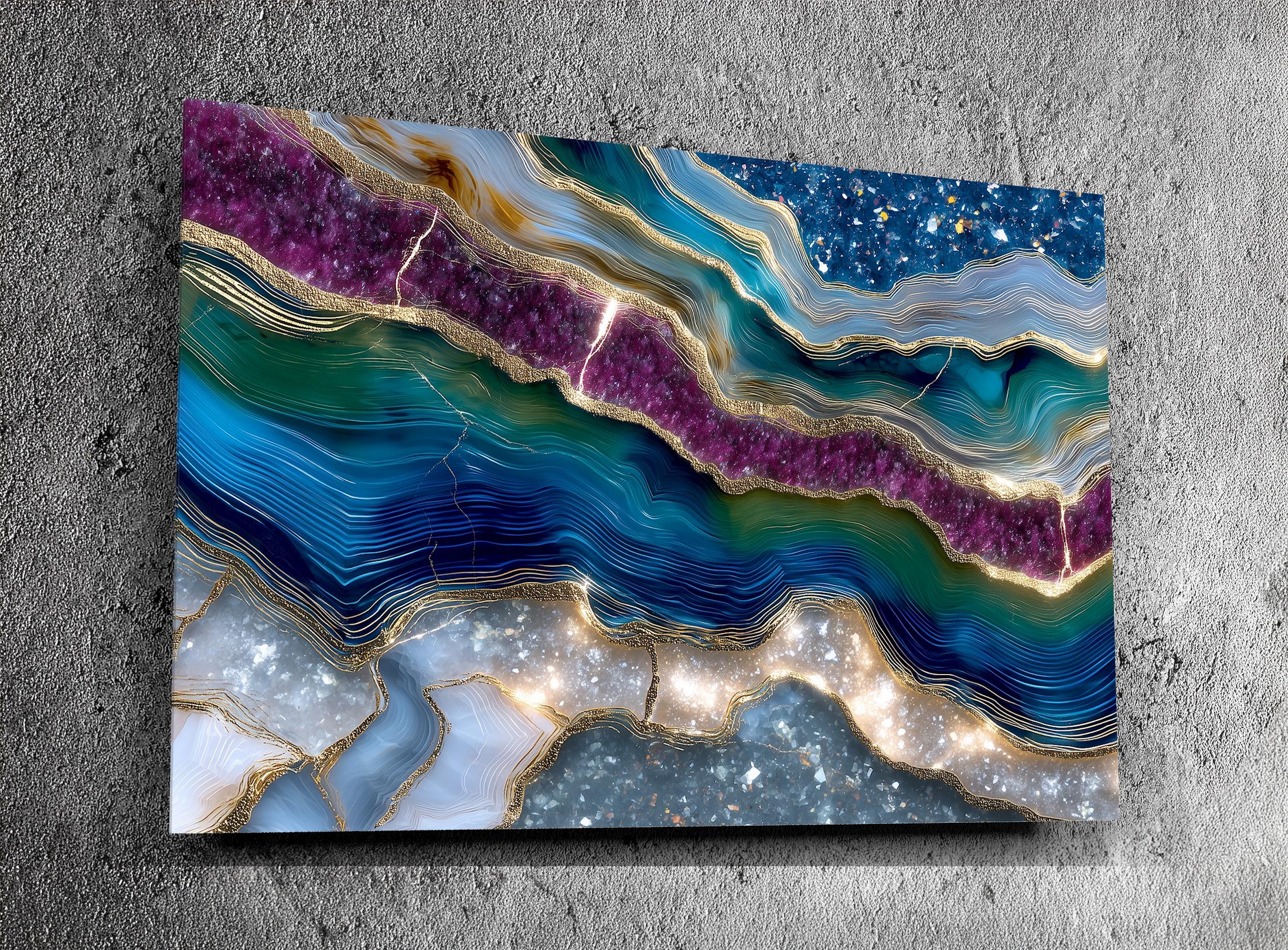 Aurelian Tiger Iron Acrylic Wall Art, Blue Gold Geode Decor, Light Depth Illusion