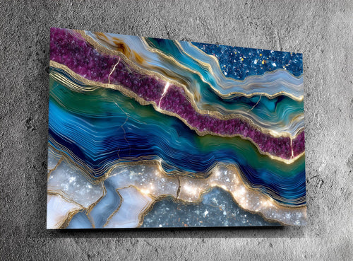 Aurelian Tiger Iron Acrylic Wall Art, Blue Gold Geode Decor, Light Depth Illusion