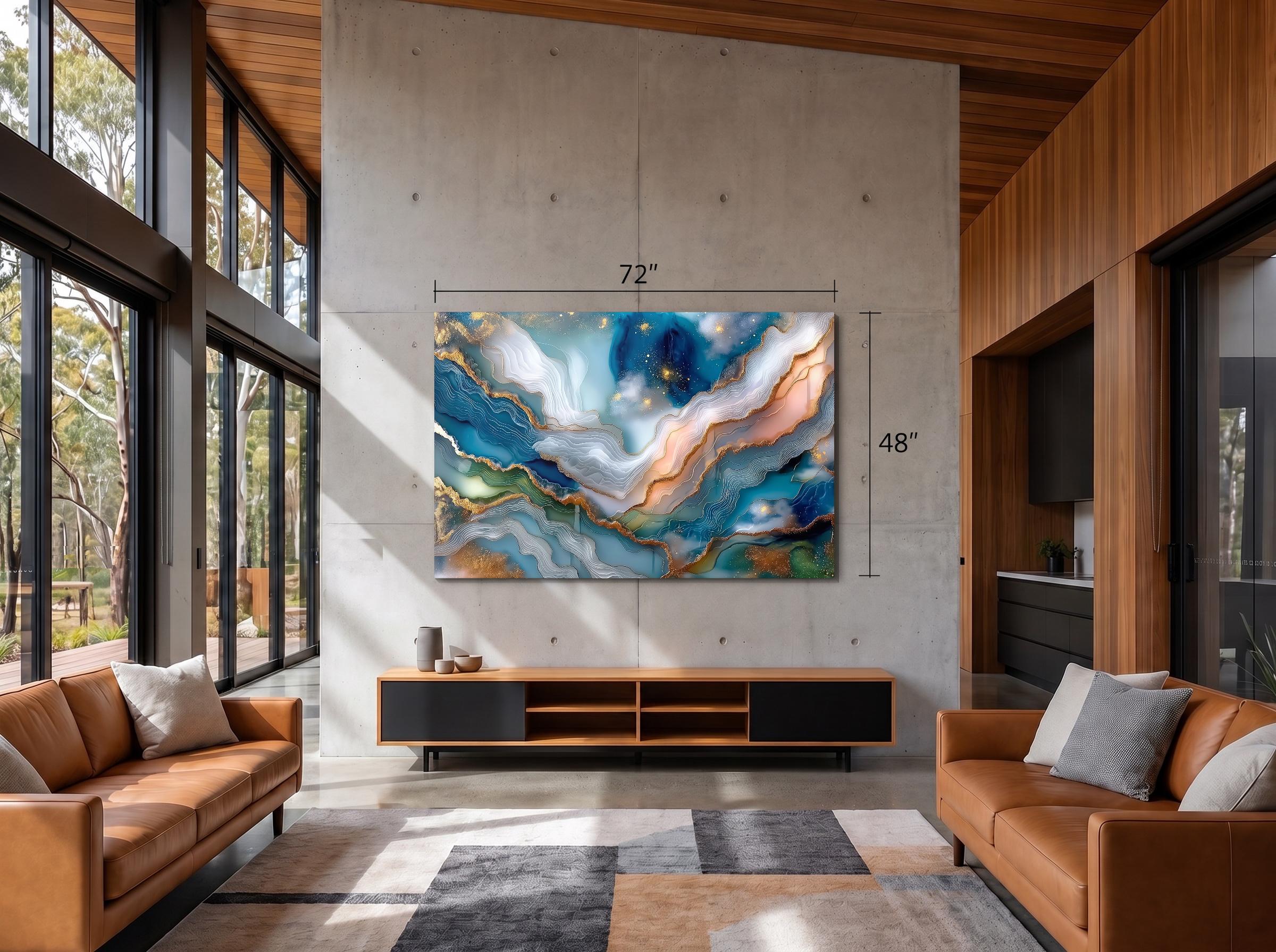 Aqua Aurora Geode Landscape Art: Blue & Gold Acrylic Glass Wall Decor