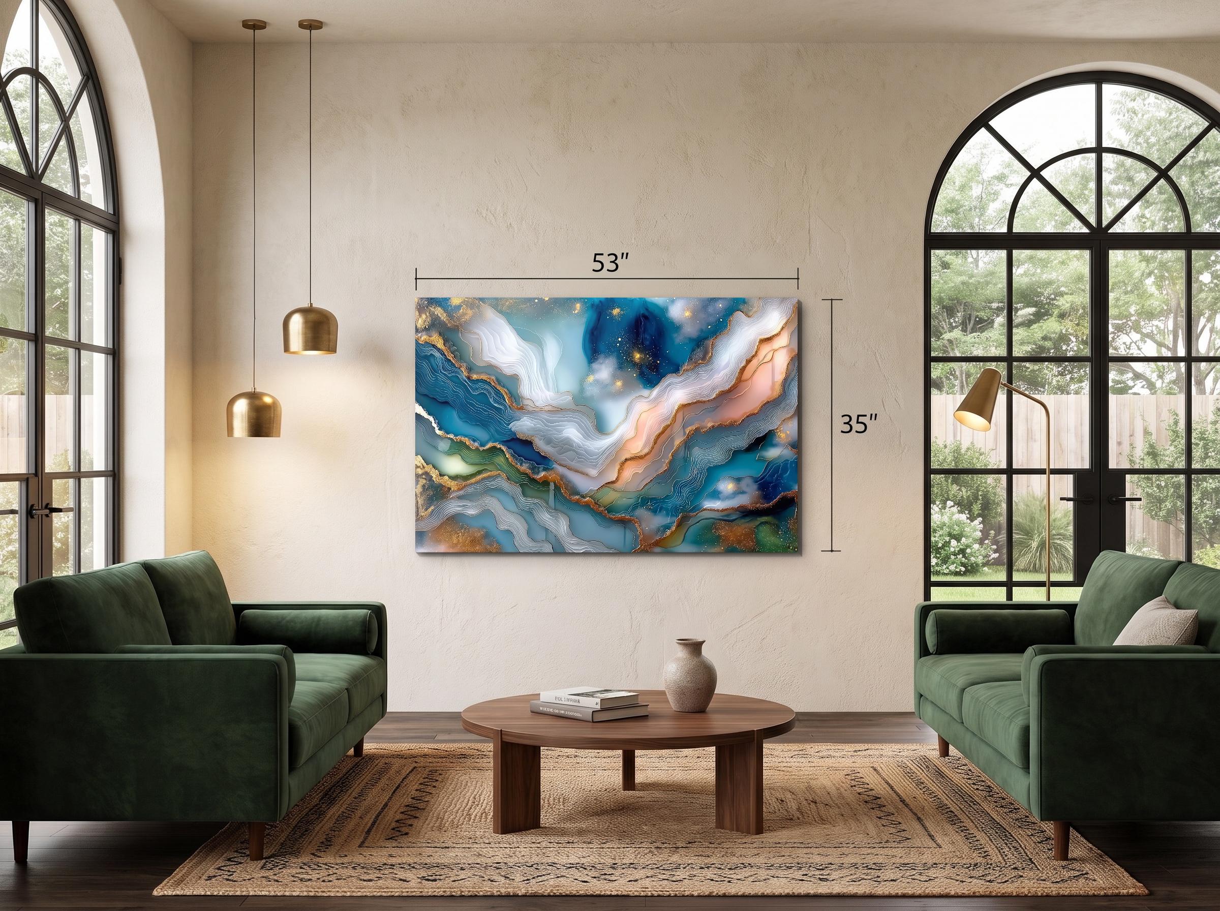 Aqua Aurora Geode Landscape Art: Blue & Gold Acrylic Glass Wall Decor