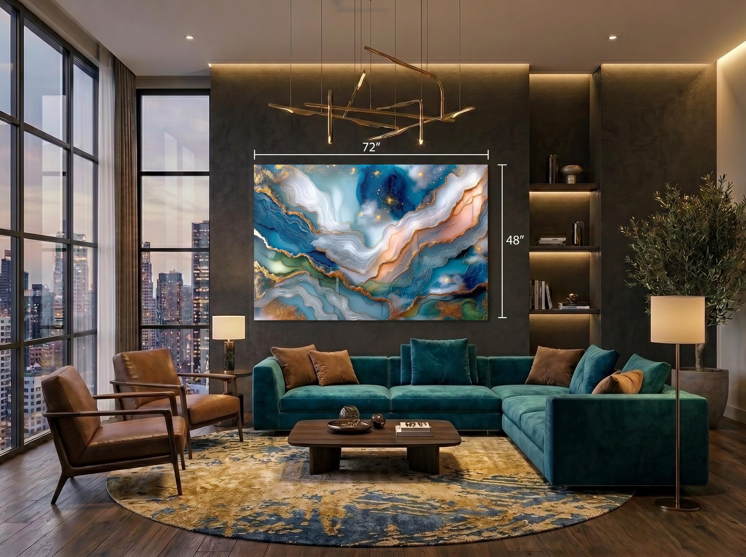 Aqua Aurora Geode Landscape Art: Blue & Gold Acrylic Glass Wall Decor