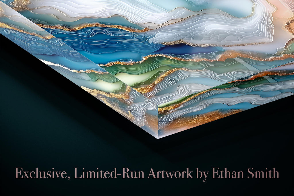 Aqua Aurora Geode Landscape Art: Blue & Gold Acrylic Glass Wall Decor
