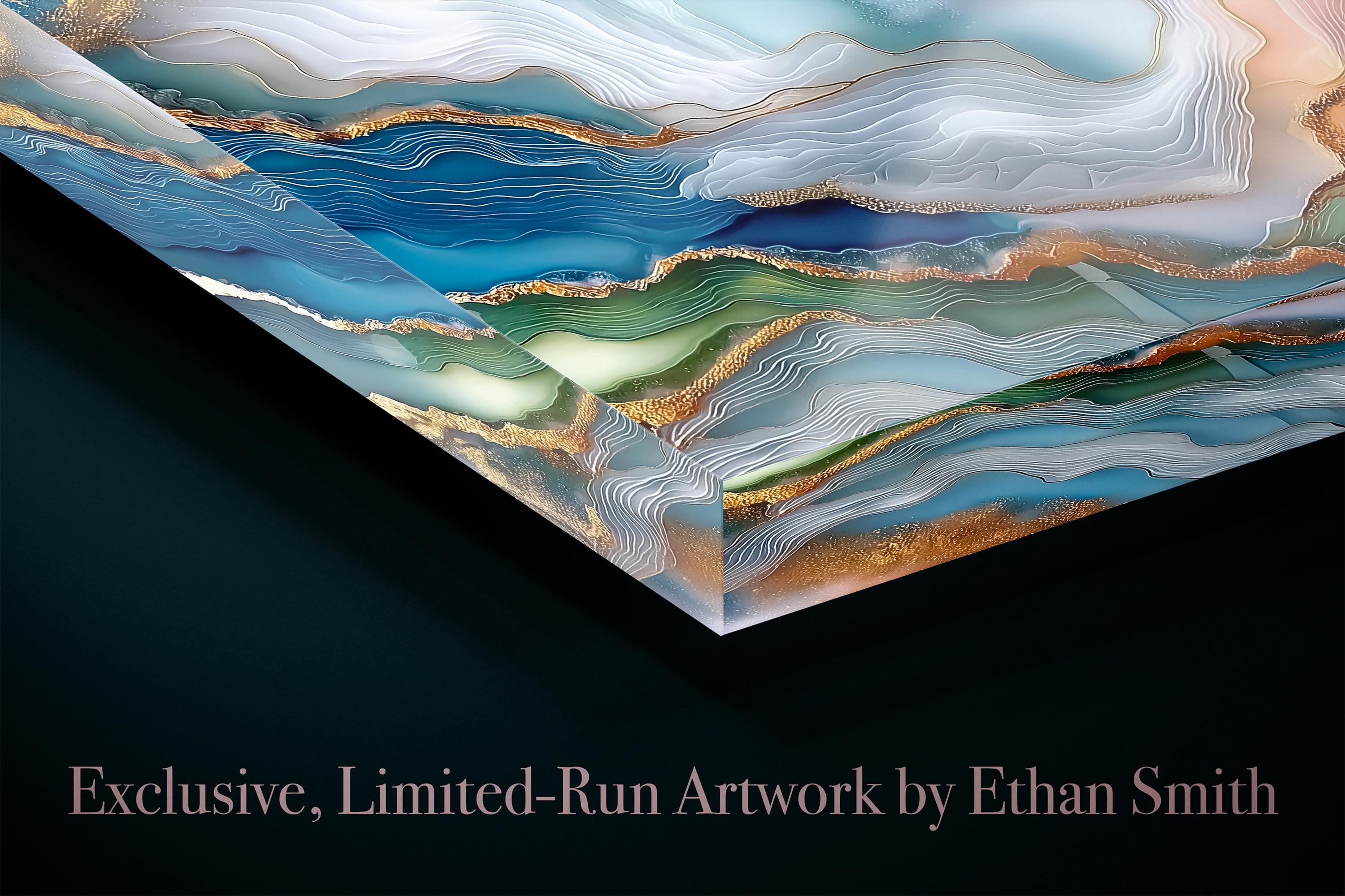 Aqua Aurora Geode Landscape Art: Blue & Gold Acrylic Glass Wall Decor