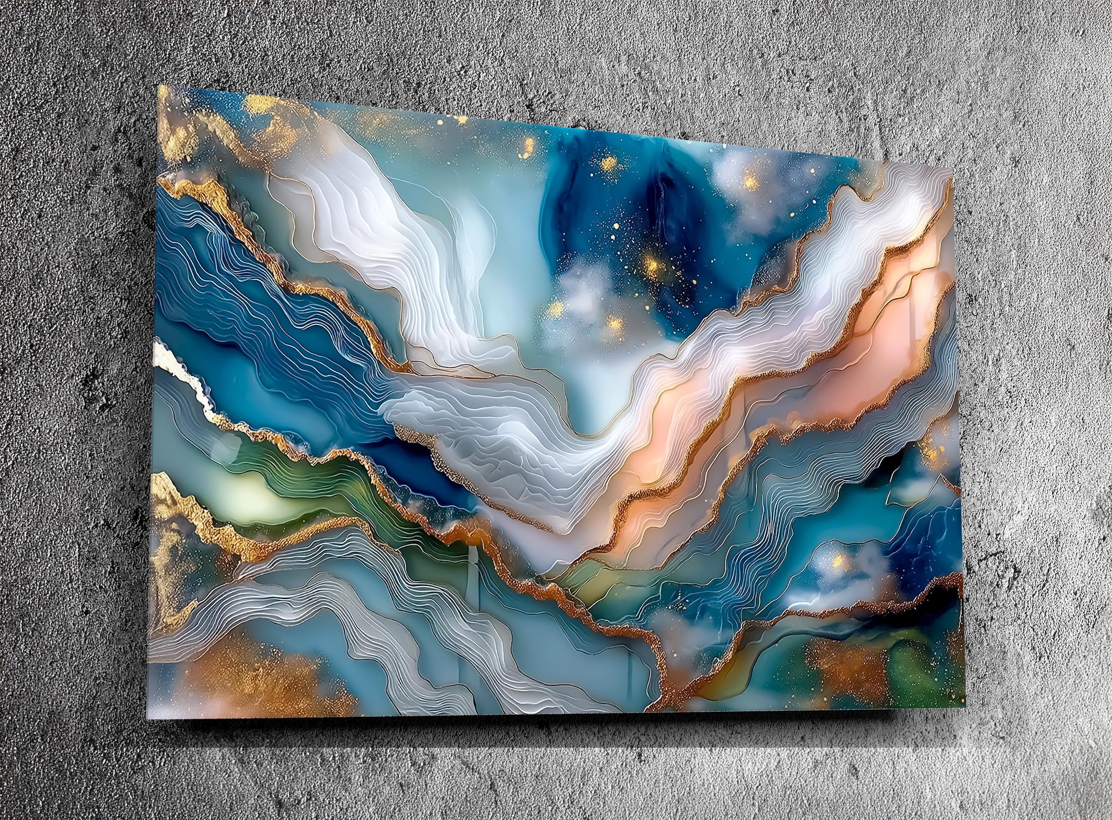 Aqua Aurora Geode Landscape Art: Blue & Gold Acrylic Glass Wall Decor