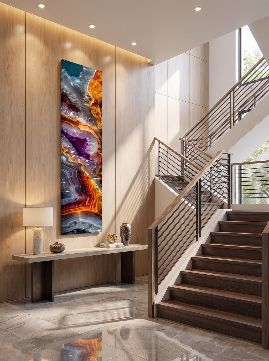 Geode Ember Rift Ascend, Luxury Crystal AcrylGlass Wall Art for Staircase & Fireplace