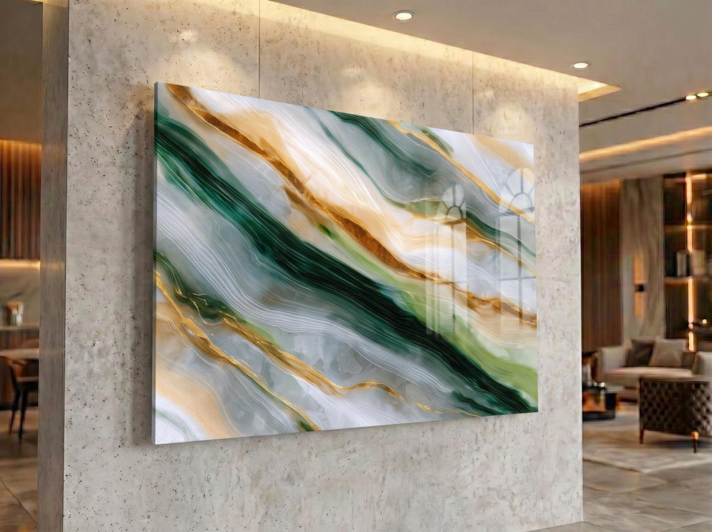 Emerald Vein Crystal Acrylic Wall Art, Green Gold Statement Piece for Med Spa Office