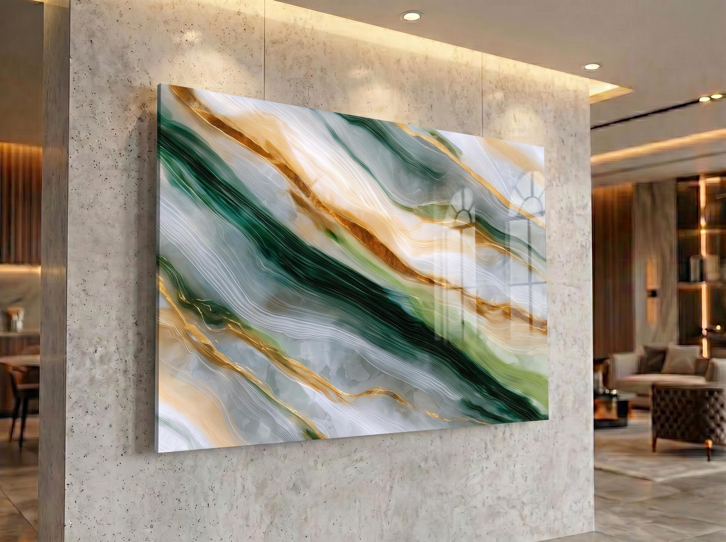 Emerald Vein Crystal Acrylic Wall Art, Green Gold Statement Piece for Med Spa Office