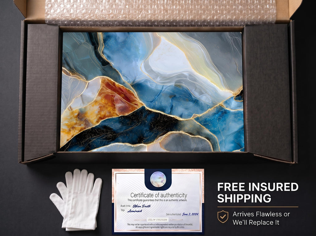 Cobalt Emberline Blue Gold Mineral Abstract Crystal AcrylGlass Wall Art, Modern Luxury Artwork