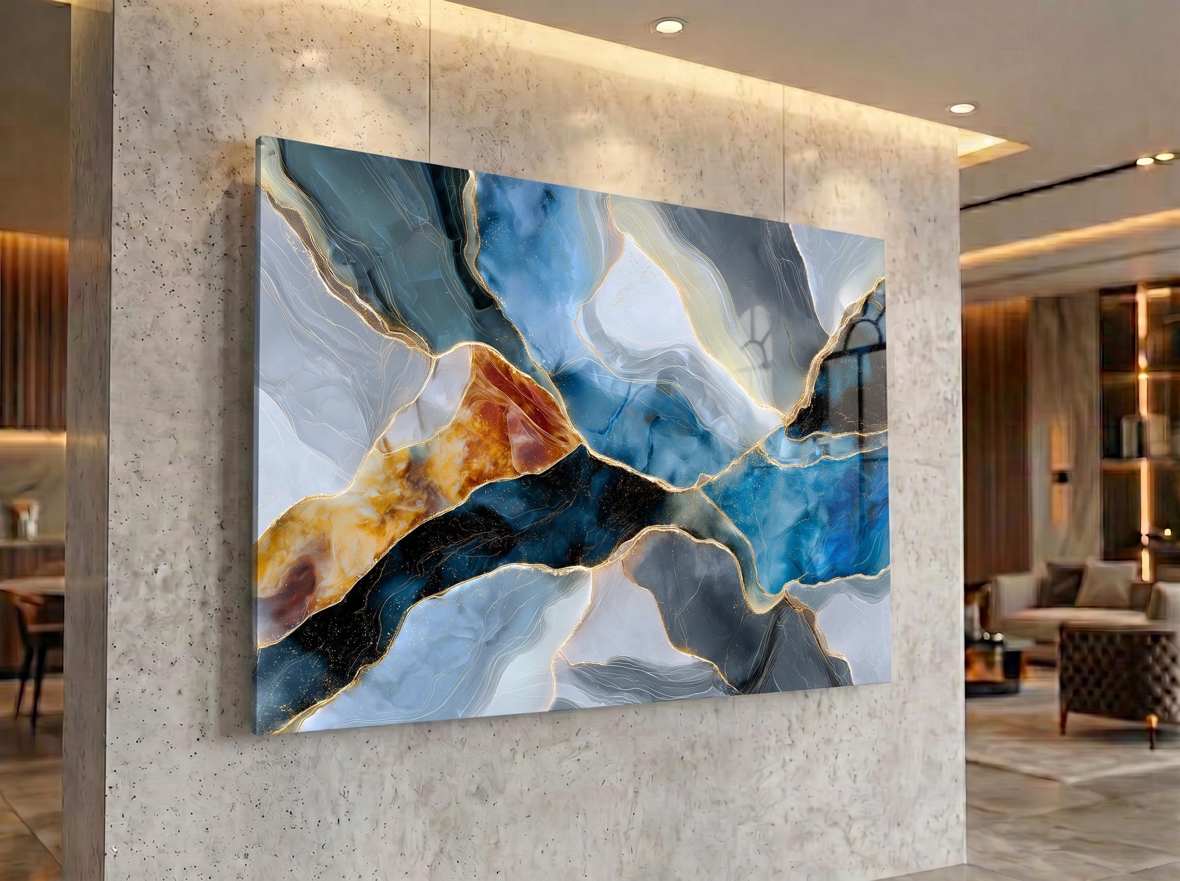Cobalt Emberline Blue Gold Mineral Abstract Crystal AcrylGlass Wall Art, Modern Luxury Artwork